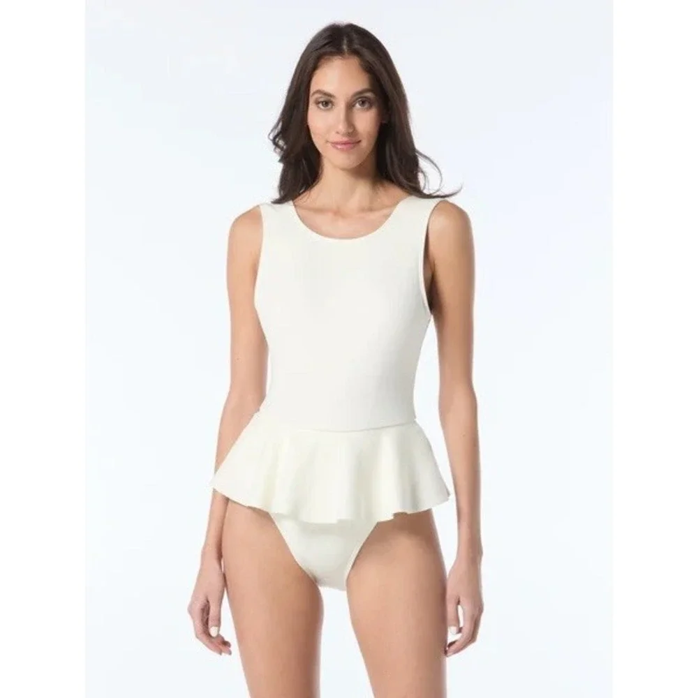 Vince Camuto Womens White Peplum One Piece Swimsuit Scoop Back Ivory Sz 10 NWT